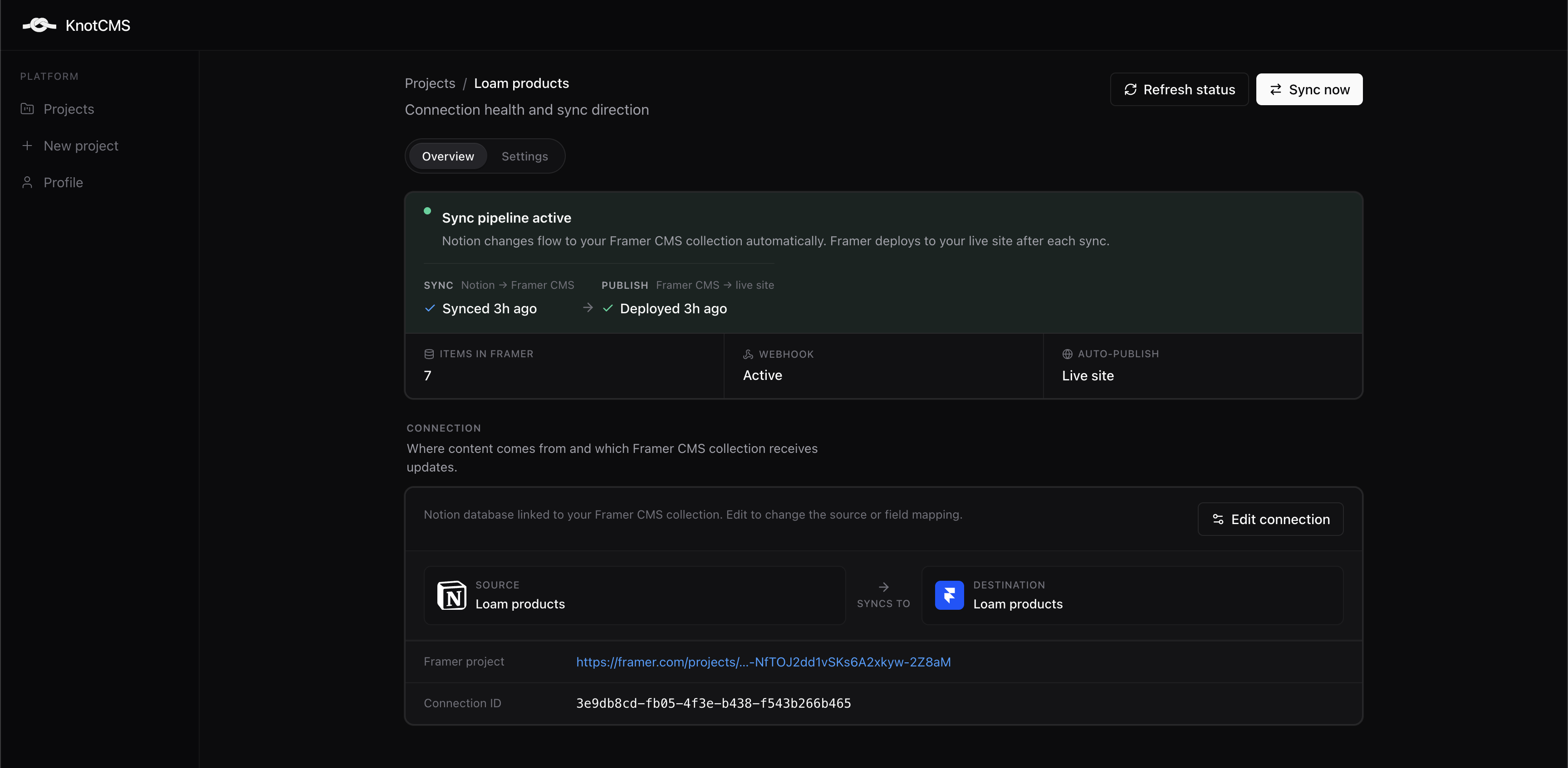 The KnotCMS project overview. The sync pipeline is active, Notion synced to Framer CMS and deployed three hours ago, seven items in Framer, webhook active, auto-publish to the live site.