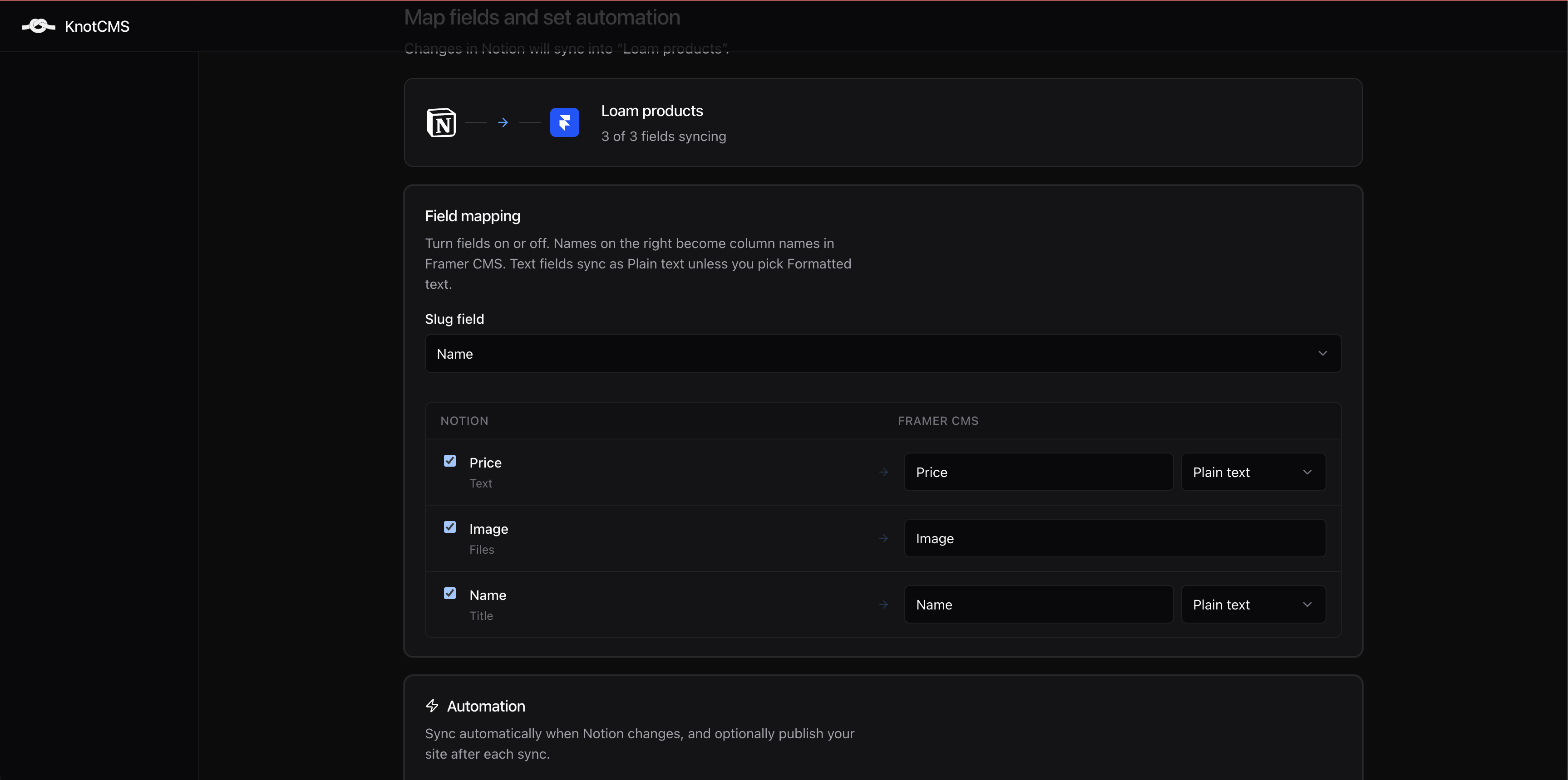 The field mapping screen in the dashboard, a Notion database on the left, Framer fields on the right, a few fields mapped.